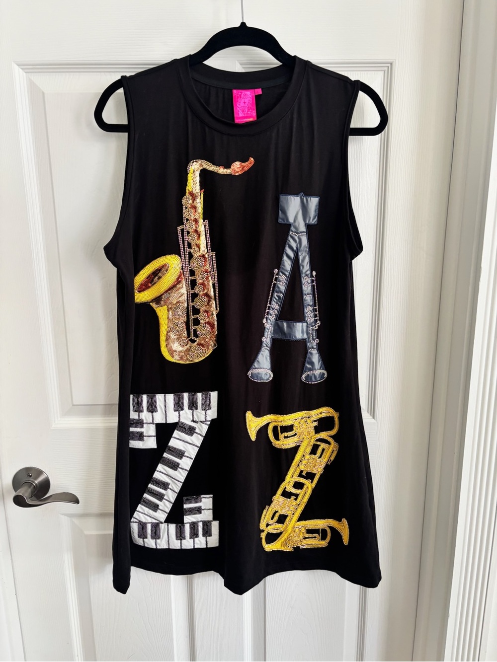 QUEEN OF SPARKLES Black Dress with Yellow Musical Instrument Graphics